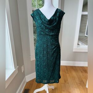 Dressbarn Collection Dark Green Lace Cowl Neck Sleeveless Midi Formal Dress 12